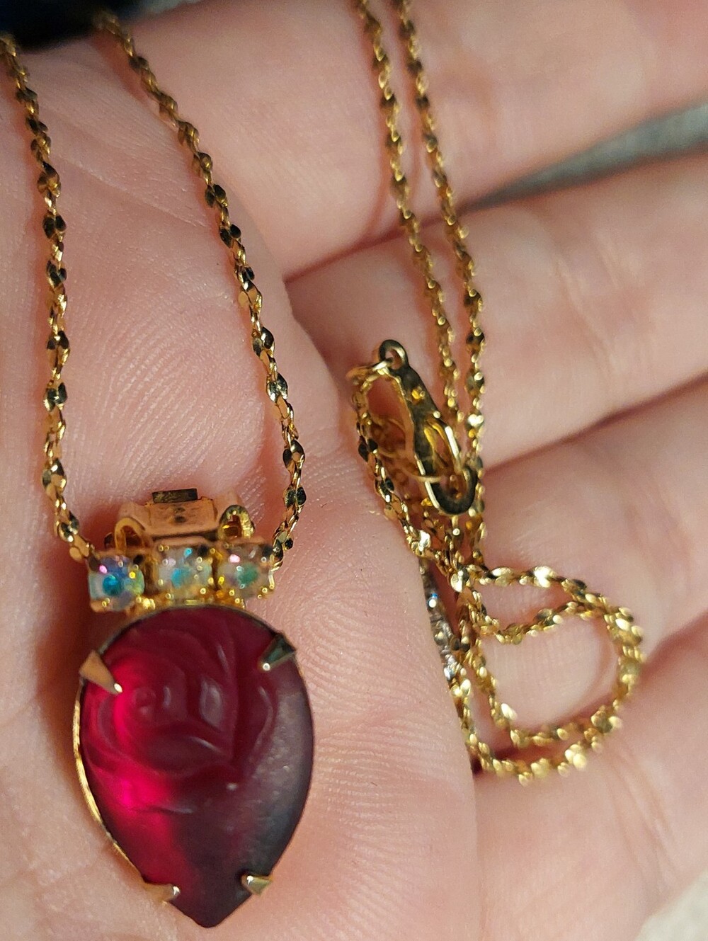 Upcycled Gold-Plate Necklace with Red Rose Teardrop Pendant And Earrings